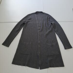 Eileen Fisher Sweater Cardigan Womens Large Gray Wool Ribbed Open Front Pockets